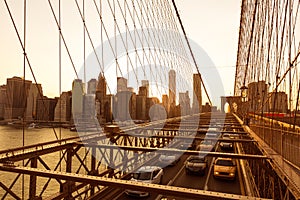 Brooklyn Bridge sunset with Manhattan skyline US