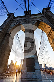 Brooklyn Bridge sunset with Manhattan skyline US