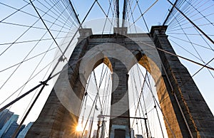 Brooklyn Bridge sunset with Manhattan skyline US