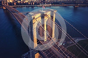 Brooklyn Bridge trom top - aerial view with East river. Background image. Taken from Brooklyn