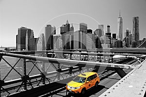 Brooklyn Bridge & Yellow Taxi Cab, New York, USA