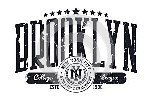 Brooklyn, New York college t-shirt print design. Typography graphics for athletic tee shirt print with grunge. Vector