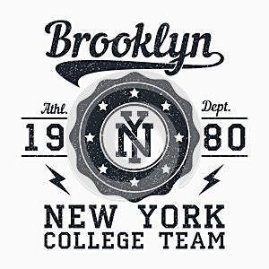 Brooklyn, New York grunge print for apparel. Typography emblem for t-shirt. Design for athletic clothes. Vector. photo