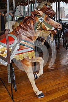 Brooklyn, New York: One of the 48 carved and painted wooden horses in Janeâ€™s Carousel