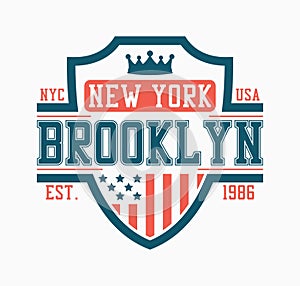 Brooklyn shield design for college t-shirt. New York stylish tee shirt print with shield, crown and USA flag. Typography graphics