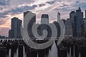 The Brooklyn Sticks at sunset with skyline view, citylights. New York, USA.