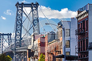 Brooklyn street scene with block of buildings near the Williamsburg Bridge in New York City