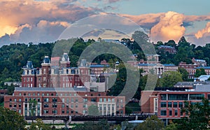 Brooks Hall and Woodburn Hall at sunset in Morgantown WV