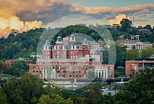 Brooks Hall and Woodburn Hall at sunset in Morgantown WV