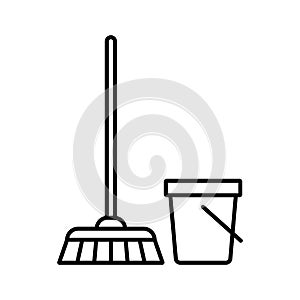 Broom and bucket icon in linear style. Vector.