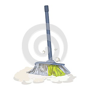 Broom and clouds of dust isolated on white background. Broom sweep floor.