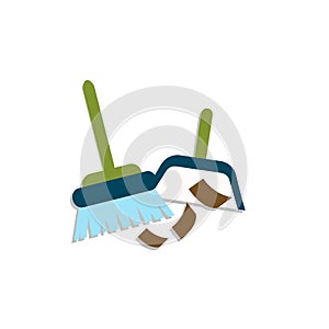 Broom and dustpan flat vector illustration. Household cleaning utensil set, housekeeping tools and equipment isolated