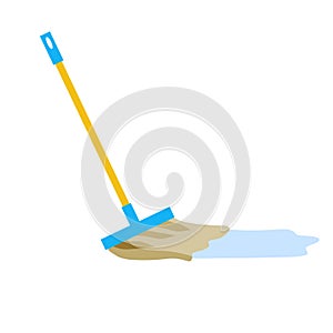 Broom for house cleaning. Mop tool with long orange handle.