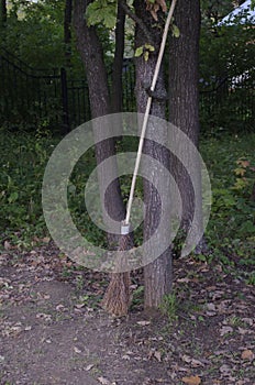Broom made of branches leaned against a tree in a park on a background of green foliage
