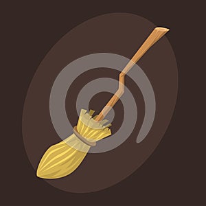Broom made from twigs on long wooden handle vector illustration tool for cleaning witches broom stick halloween