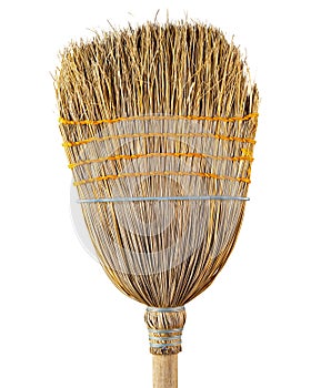 Broom. Old used corn straw broom. Professional natural organic wooden large heavy duty broom.