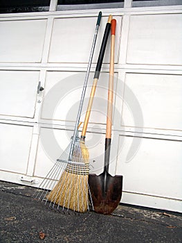 Broom, shovel and leave rake