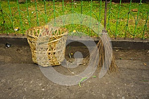 Broom stick and trash basket made from bamboo photo taken in jakarta indonesia