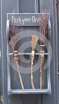 Broomsticks outside the Harry Potter shop in York, Northern England