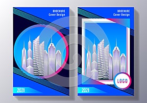 Broshure cover design: skyscrapers, cityscape on on the background of geometric shapes of blue stripes and circles