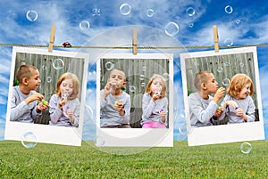 Brother and sister blowing soap bubbles