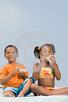 Brother and sister eating sandwiches