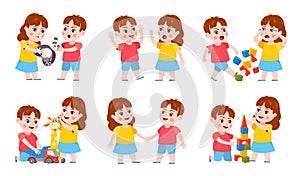 Brother and sister fight. Cartoon siblings angry, quarrel and cry. Kids fighting over a toy, playing together and