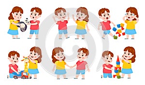 Brother and sister fight. Cartoon siblings angry, quarrel and cry. Kids fighting over a toy, playing together and holding hands