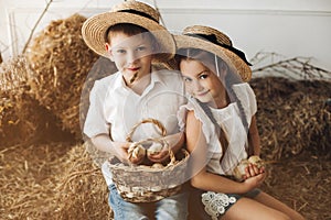 Brother and sister in hay hats keeping little chicks
