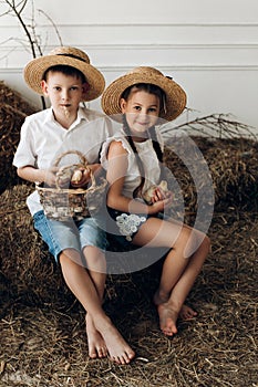 Brother and sister in hay hats keeping little chicks