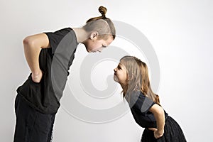 Brother and sister kids having fun, white background