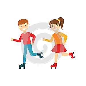 Brother And Sister Kids Roller Skating, Happy Family Having Good Time Together Illustration