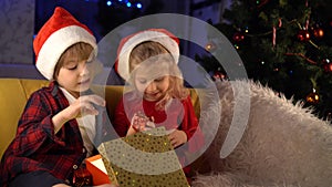 Brother, sister and little dog lie under the Christmas tree in Santa hats and smile. little girl and boy