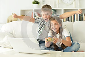 Brother and sister play videogames