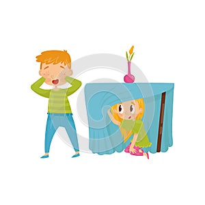 Brother and sister playing hide-and-seek. Girl hiding under table. Boy closing eyes with his hands. Flat vector design