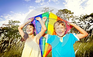 Brother Sister Sibling Playing Kite Park Concept