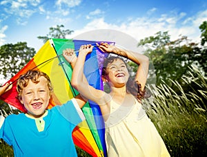 Brother Sister Sibling Playing Kite Park Concept