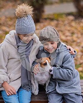 Brother and sister sit in an embrace with a dog on a bench for a walk in the autumn park. Boy, girl and jack russell