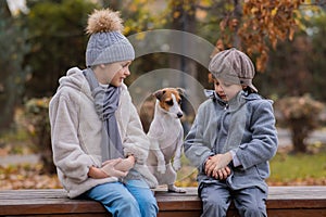 Brother and sister sit in an embrace with a dog on a bench for a walk in the autumn park. Boy, girl and jack russell