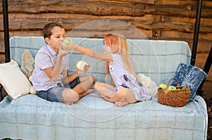 Brother and sister sit opposite each other on a garden swing and eat green apples. Beautiful happy caucasian children in the