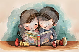 Brother and sister sitting side by side, engaged in reading a book together, A brother and sister cuddled up reading a book photo