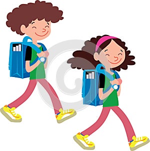 Brother and sister students go to school with bags on their backs