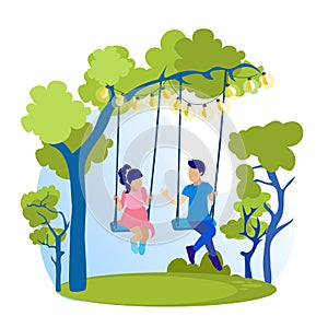 Brother and Sister Swinging on Swing Flat Cartoon