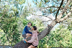 Brother and sister on a tree, sibling`s love concept