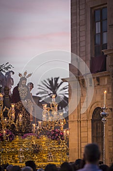 Brotherhood of Jesus corsage making station of penitence in front at the town hall, Linares, Jaen province, Andalusia, Spain