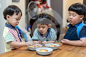 The brothers are enjoying their favorite omelet before going to school