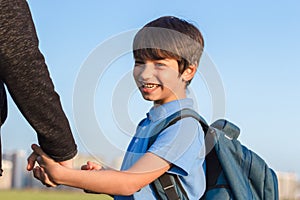 Brothers go to school. The teenager and his younger brother with backpacks hold hands  brothers smile happy faces of children.