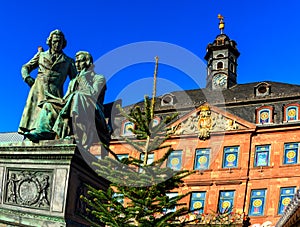 Brothers Grimm looking down at the Christmas market in Hanau, Germany photo