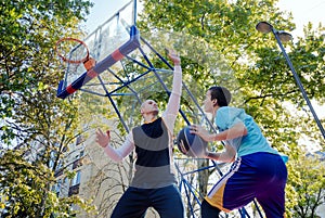 Brothers playing basketball One On One.