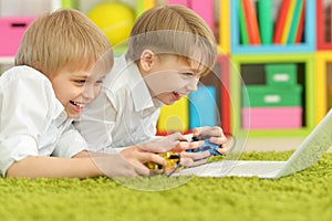 Brothers playing a computer game